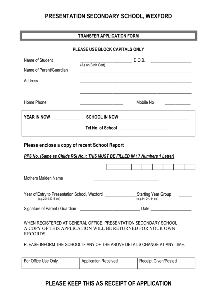 Transfer Application Form Presentation Secondary School
